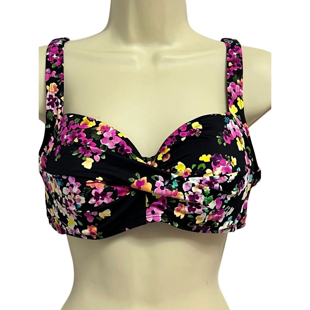 Lands'‎ End Bikini Top Womens 12 Black Floral Twist Front No Wire Beach Tropical